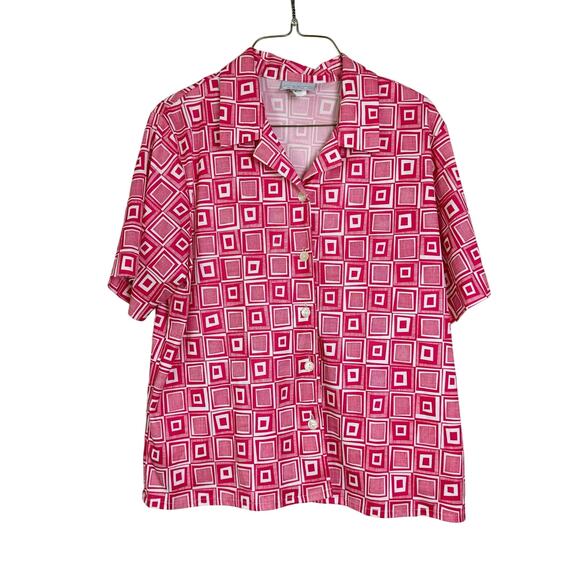 Blair VINTAGE retro red‎ square geometric print button up blouse Size MEDIUM - Picture 1 of 6